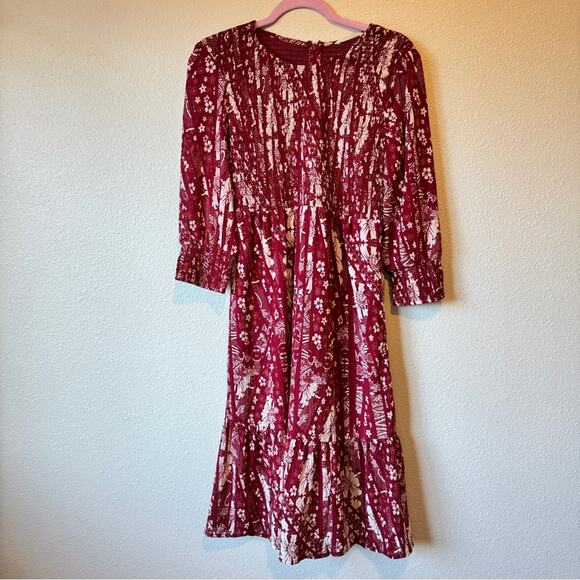 Soft Surroundings Red Ditsy Floral Smocked Midi Dress Womens 4 Tiered Fall - Picture 1 of 11